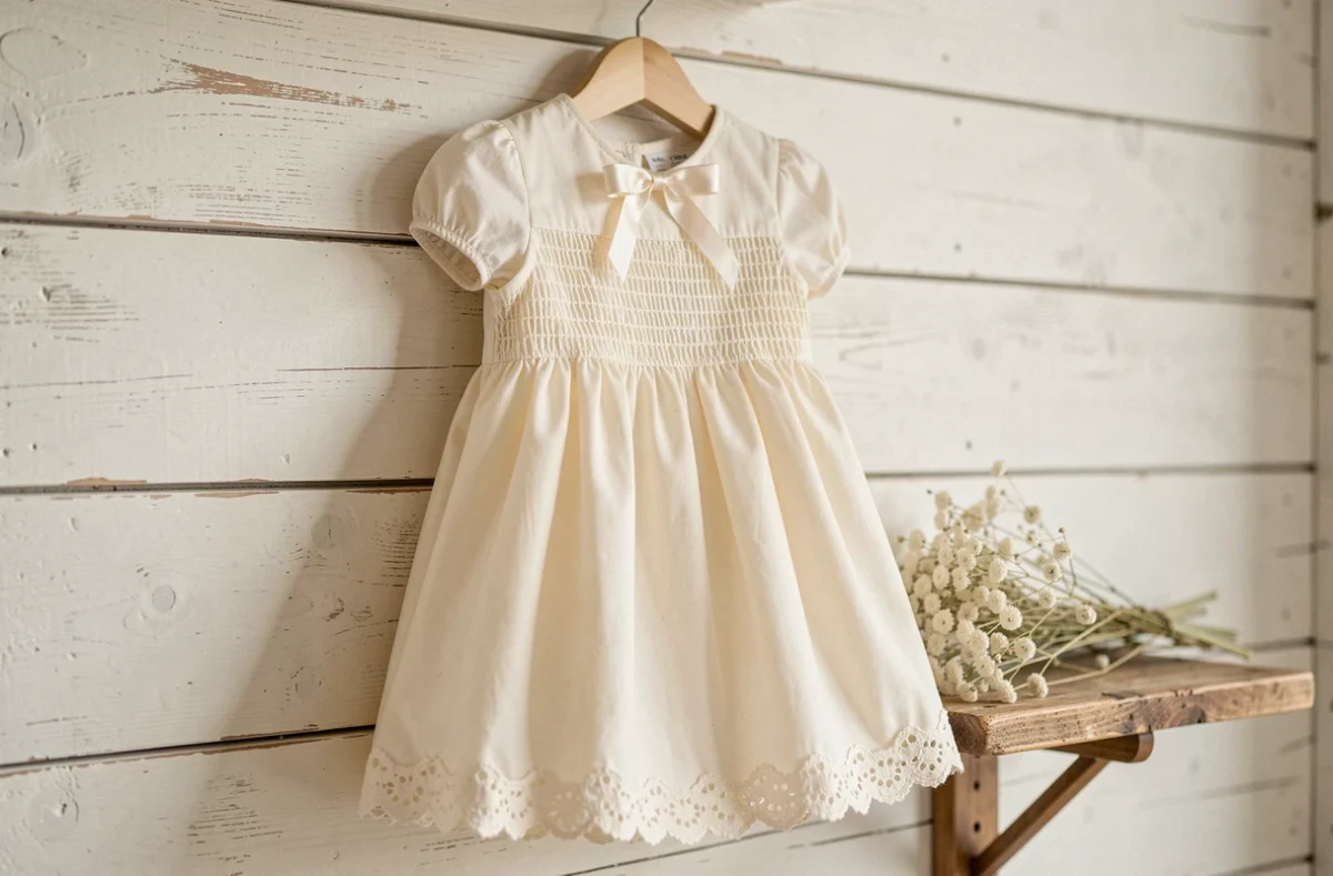 Robe de baptême bébé ivoire faite main avec smocks et dentelle suspendue sur un cintre en bois devant un mur en bois blanchi