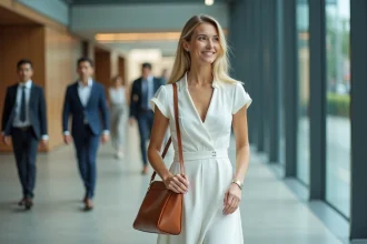 Femme en robe blanche midi structurée marchant dans un hall de bureau moderne avec un sac en cuir caramel