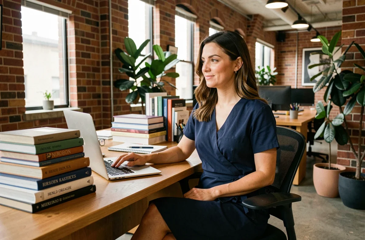 Femme portant une robe en coton bleu marine au bureau, tissu structuré sans faux plis adapté à une journée de travail