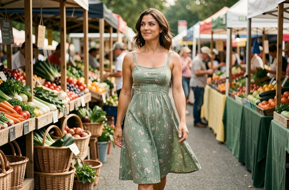 Femme en robe en coton imprimé vert sauge au marché en plein air, tissu respirant et impeccable pour les sorties du week-end