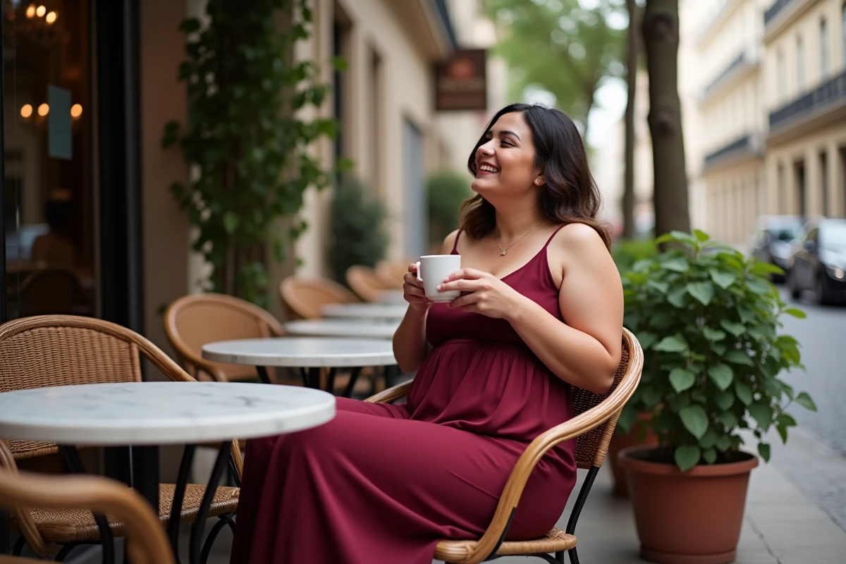 Femme petite et ronde en robe longue bordeaux assise à une terrasse de café parisien