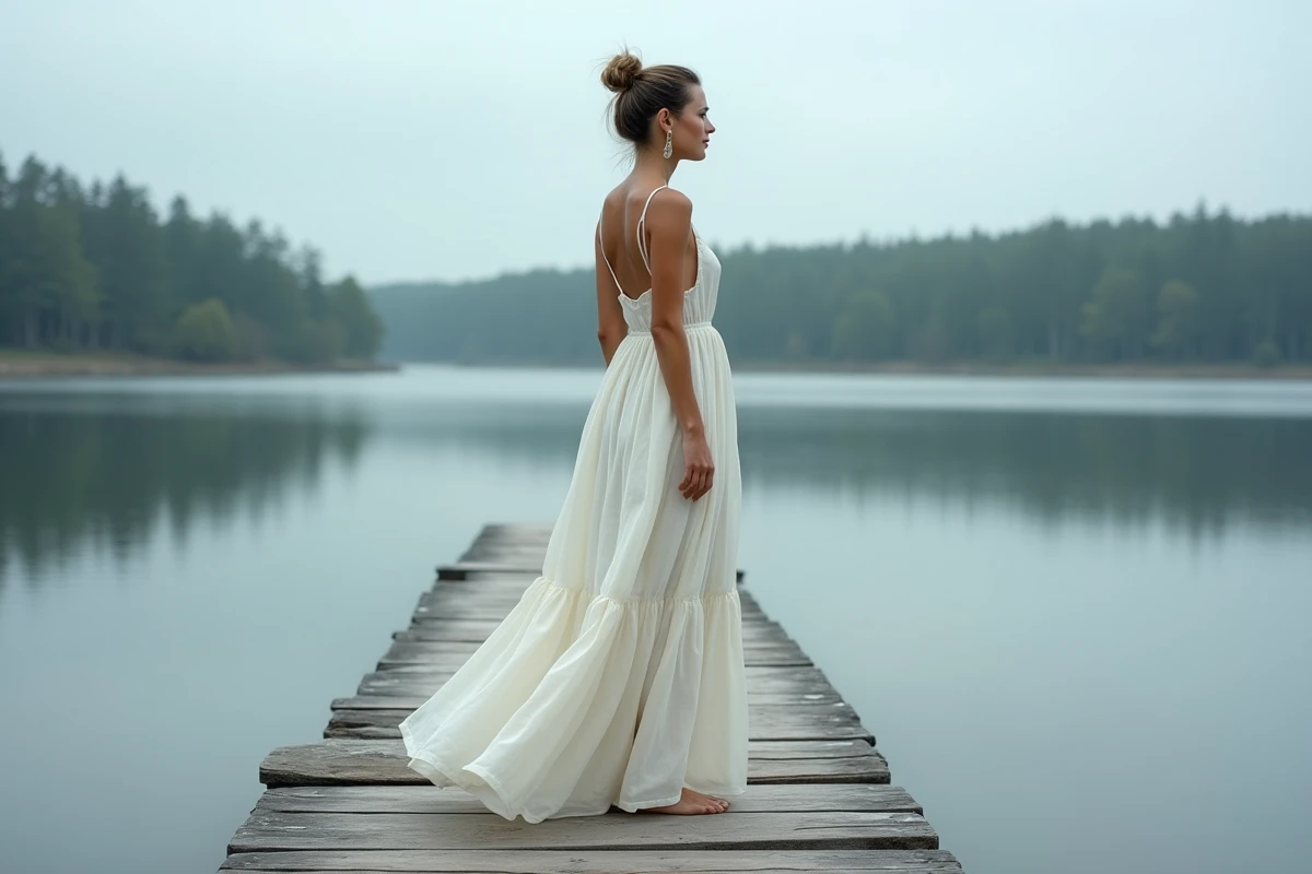 Femme en robe maxi fluide ivoire à volants au bord d'un lac, longueur sol et silhouette élégante estivale