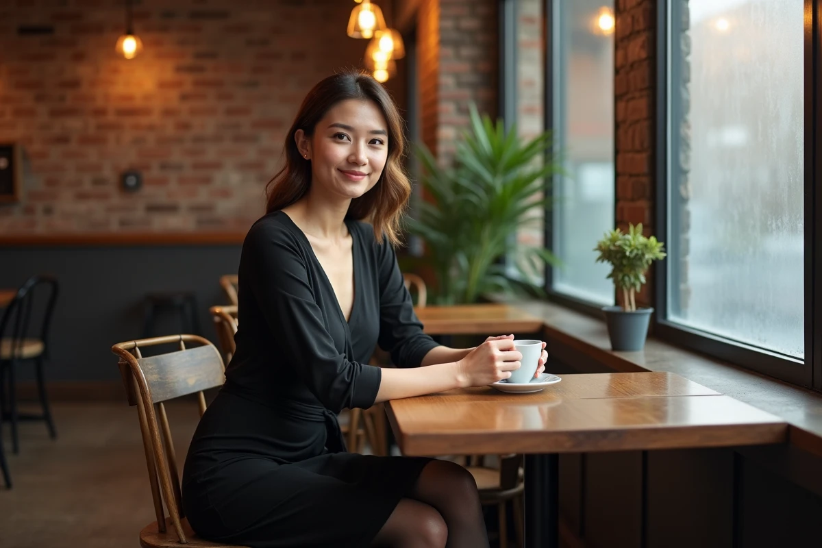Femme en robe noire portefeuille avec collants noirs 60 deniers assise dans un café chaleureux en hiver