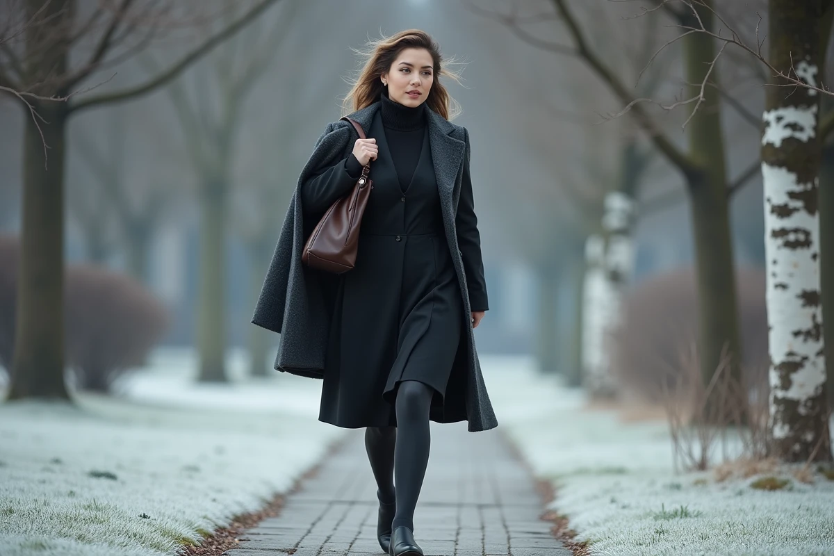 Femme en robe noire évasée et collants chauds doublés polaire marchant dans un parc givré en hiver