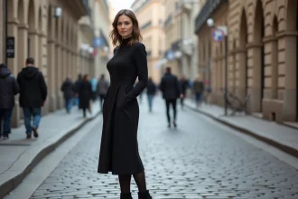 Femme portant une robe noire midi avec des collants opaques anthracite et des bottines noires dans une rue pavée en automne
