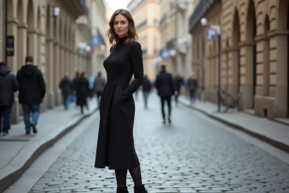Femme portant une robe noire midi avec des collants opaques anthracite et des bottines noires dans une rue pavée en automne