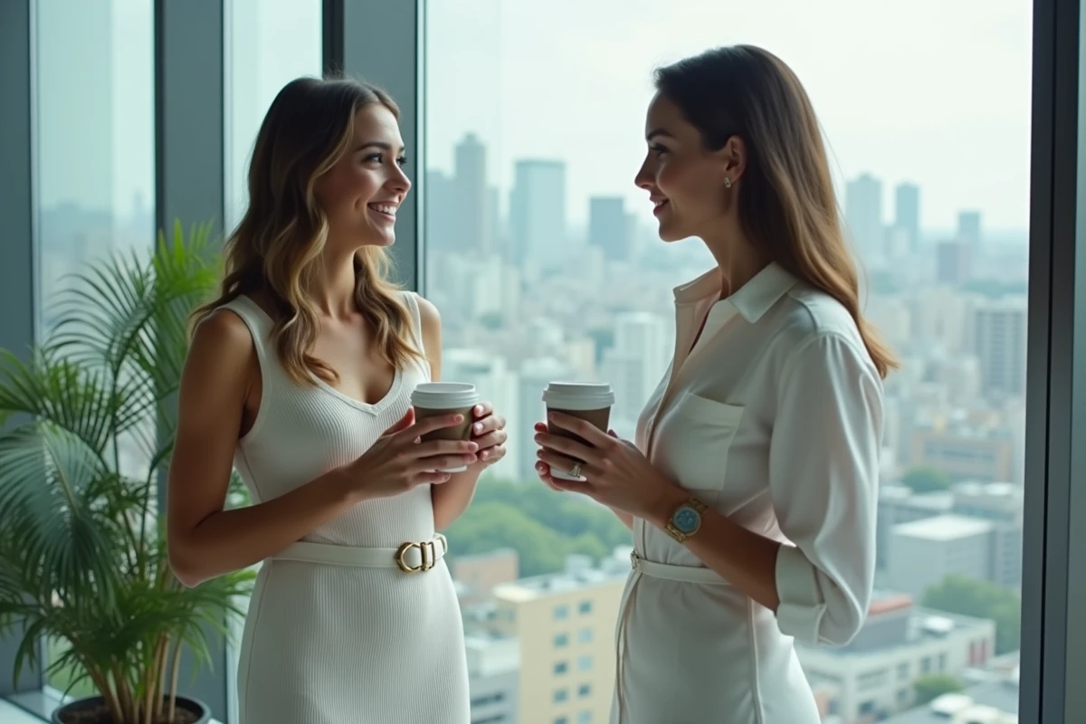 Deux femmes en robes blanches professionnelles en discussion devant une salle de réunion vitrée avec vue urbaine