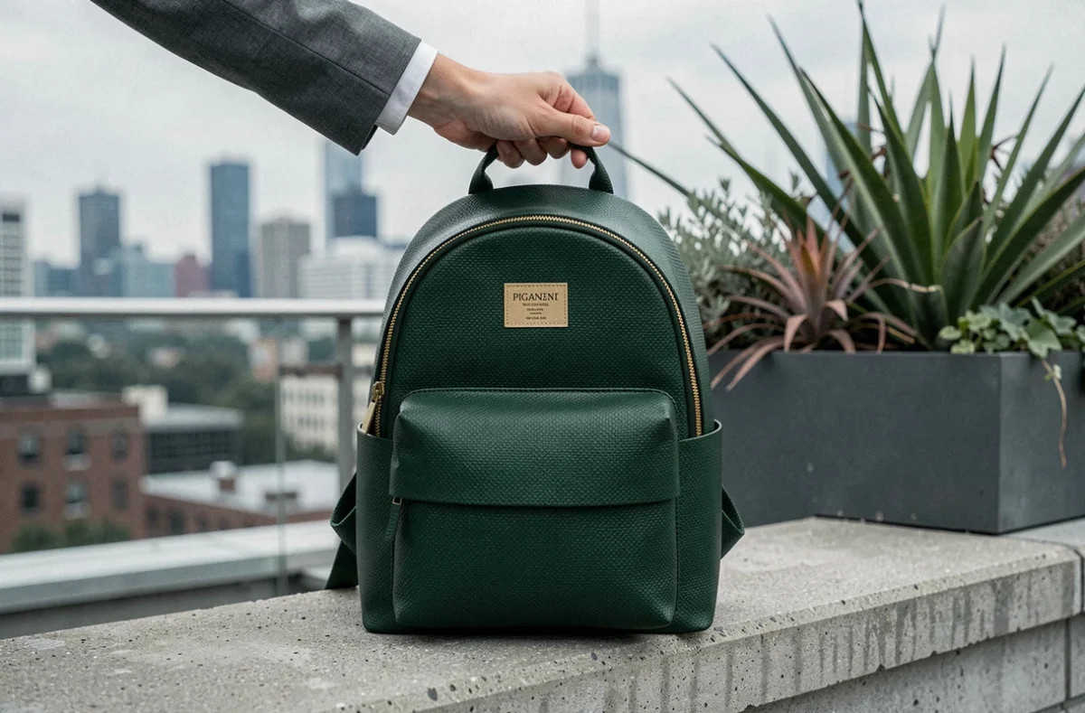 Gros plan sur un sac à dos vegan en Piñatex vert forêt posé sur un rebord en béton avec vue urbaine
