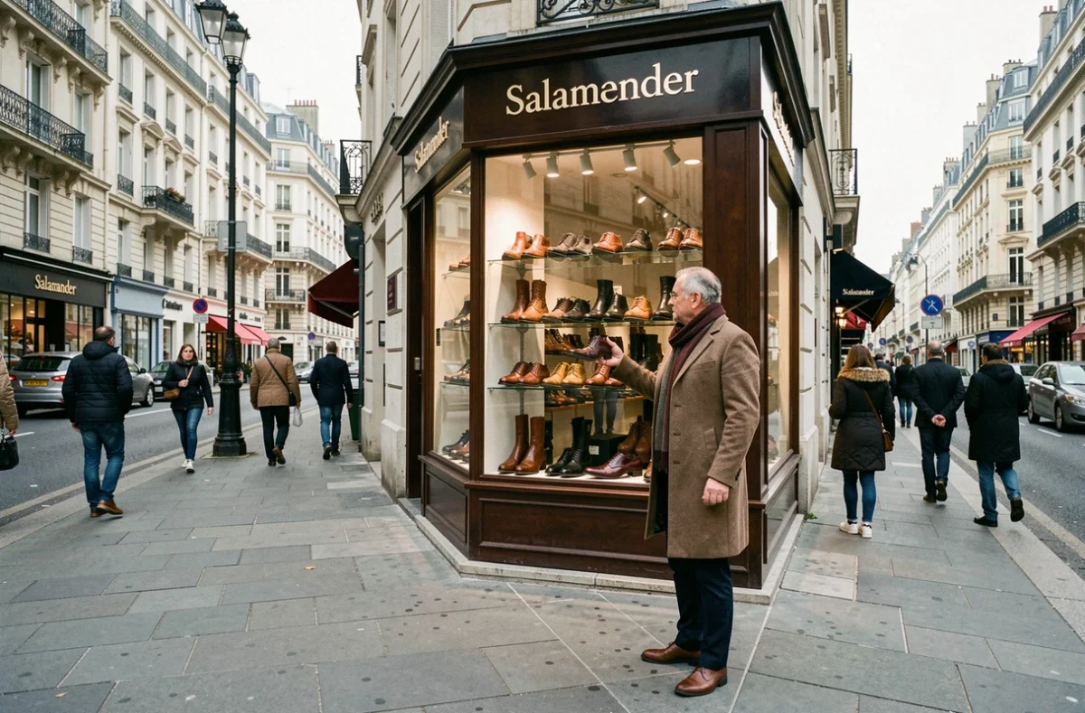 Façade du magasin Salamander à Lille avec vitrine de chaussures en cuir et passant observant les modèles exposés