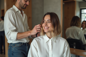 Femme souriante dans un salon de coiffure moderne avec coupe asymetrique