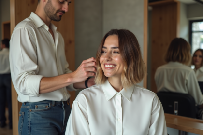Femme souriante dans un salon de coiffure moderne avec coupe asymetrique
