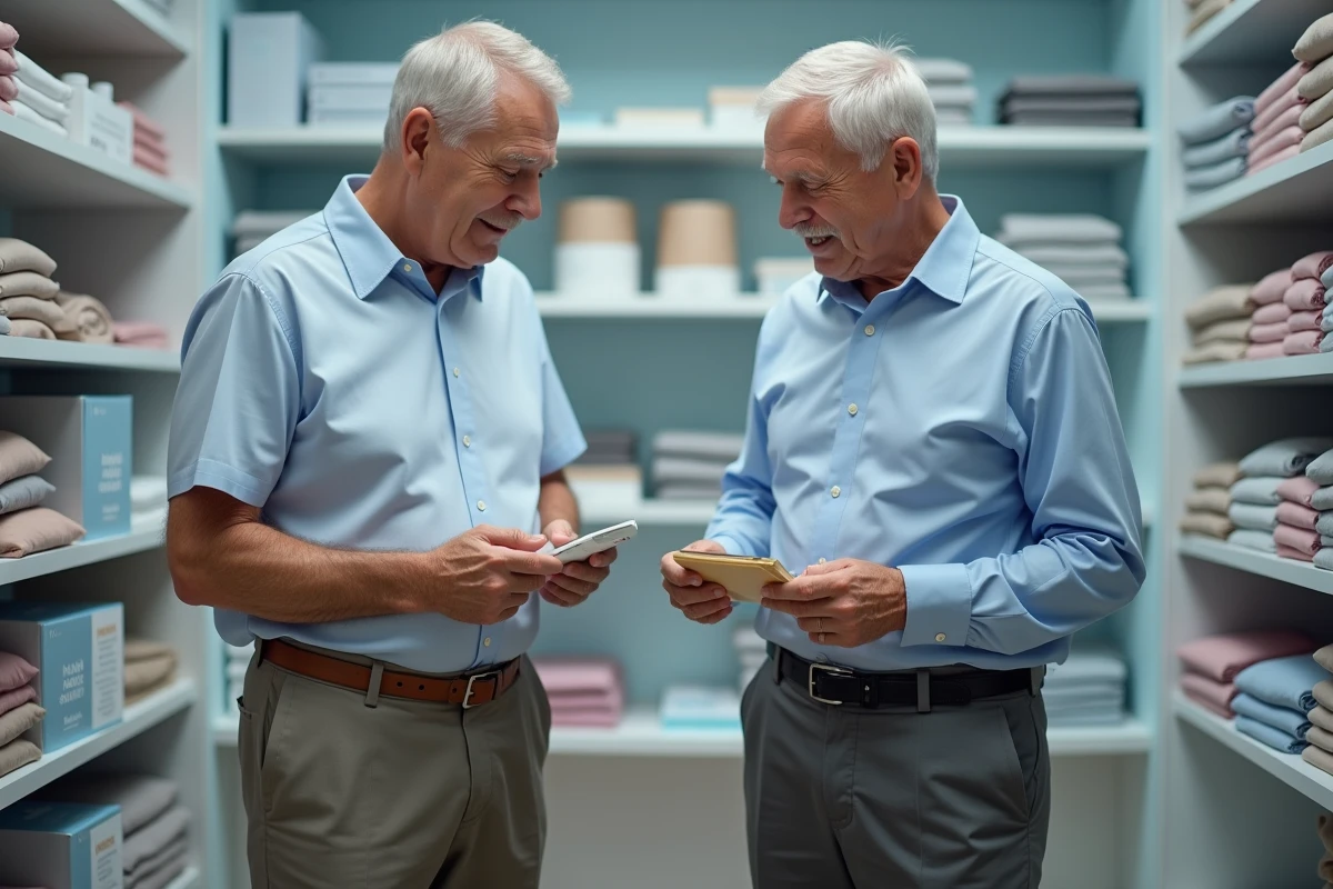 Deux hommes seniors discutant du slip kangourou à soutien lombaire dans une pharmacie spécialisée