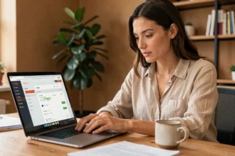 Femme consultant le suivi de colis Shein sur son ordinateur portable à son bureau à domicile