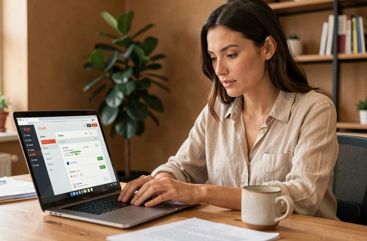 Femme consultant le suivi de colis Shein sur son ordinateur portable à son bureau à domicile