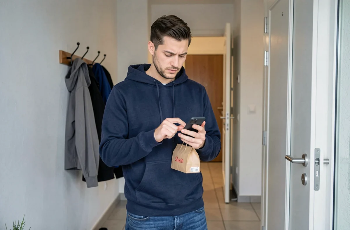 Homme vérifiant le suivi universel d'un colis Shein sur smartphone à la porte de son appartement