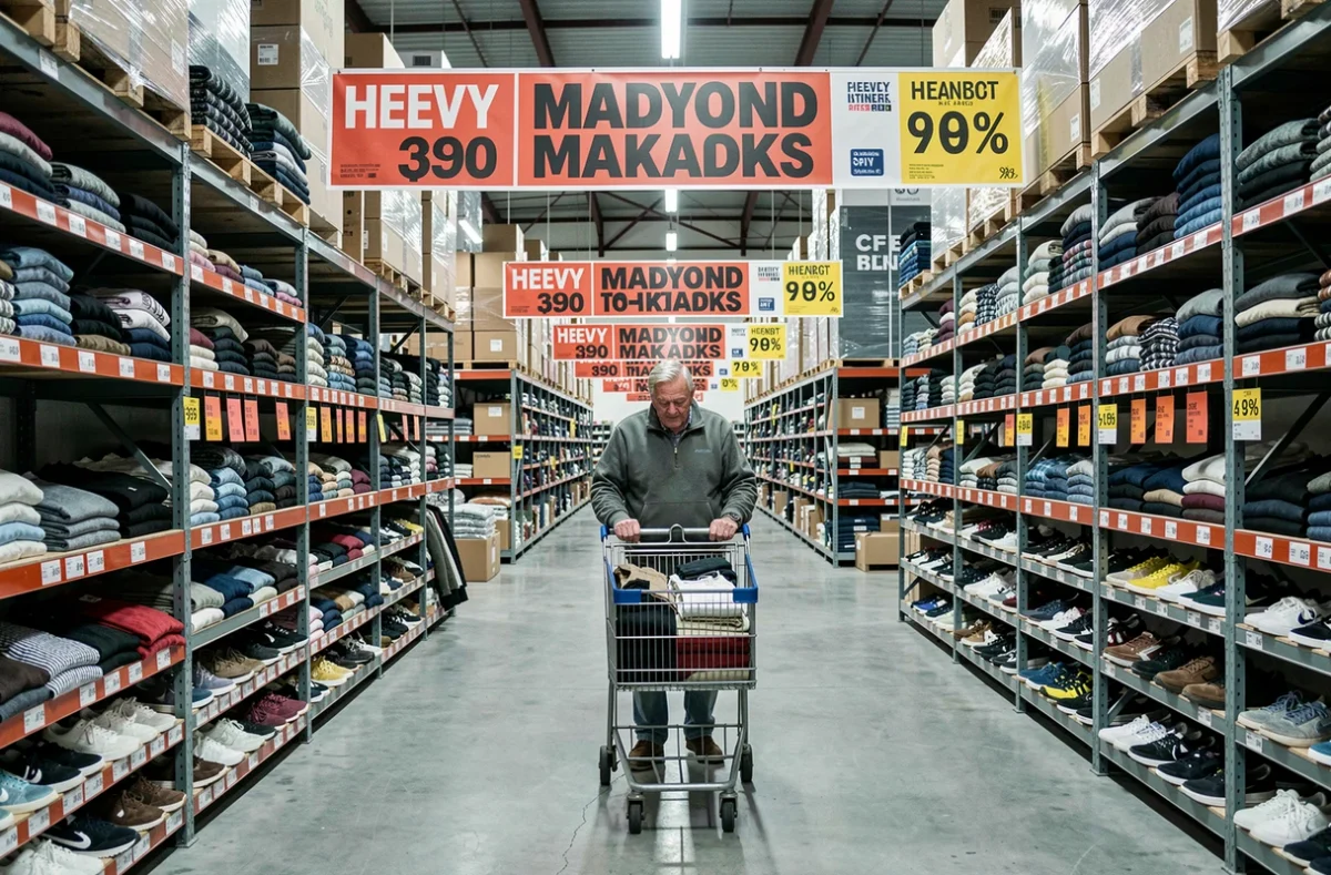 Intérieur d'un vaste magasin de déstockage avec des rayons remplis de vêtements d'occasion à prix réduits