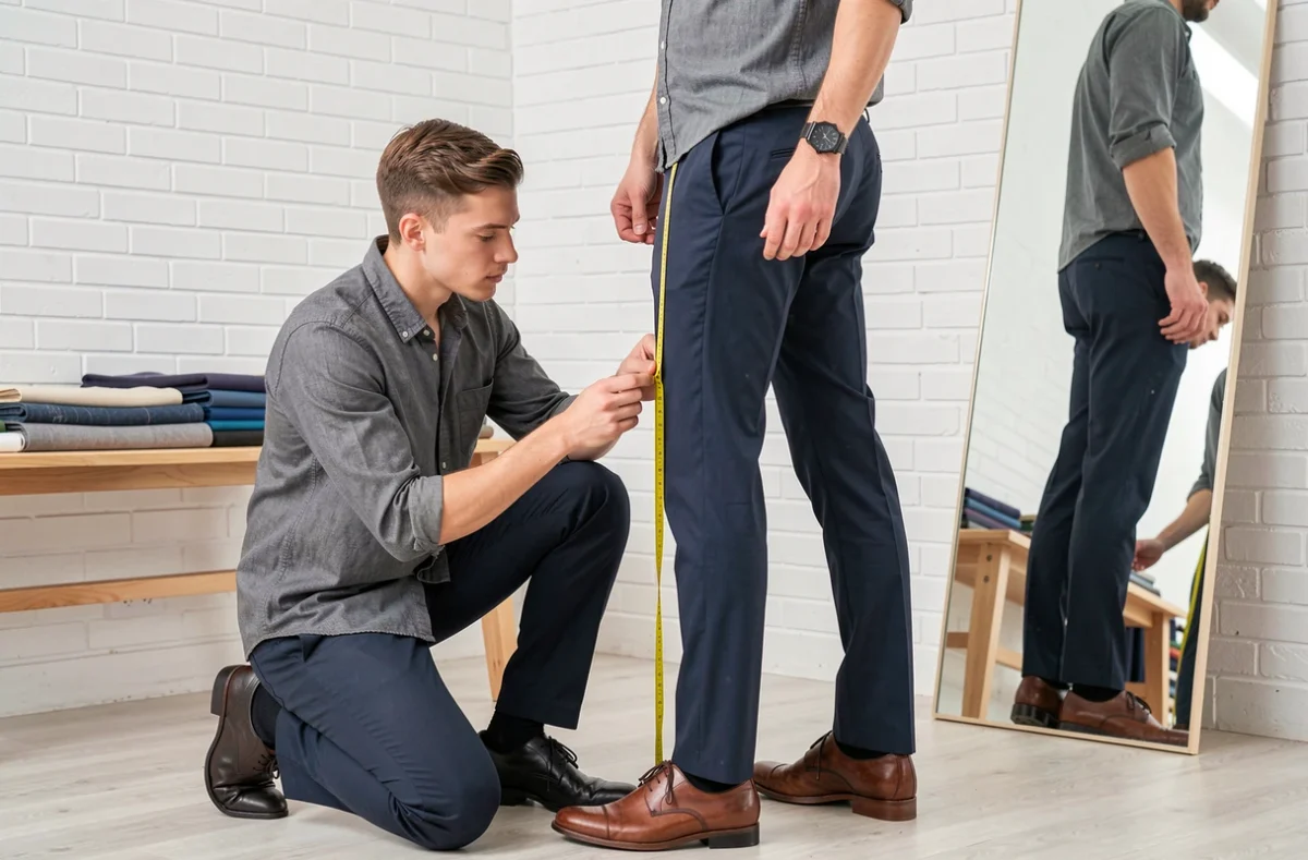 Tailleur mesurant l'ourlet d'un pantalon bleu marine sur un client dans un studio de retouche contemporain