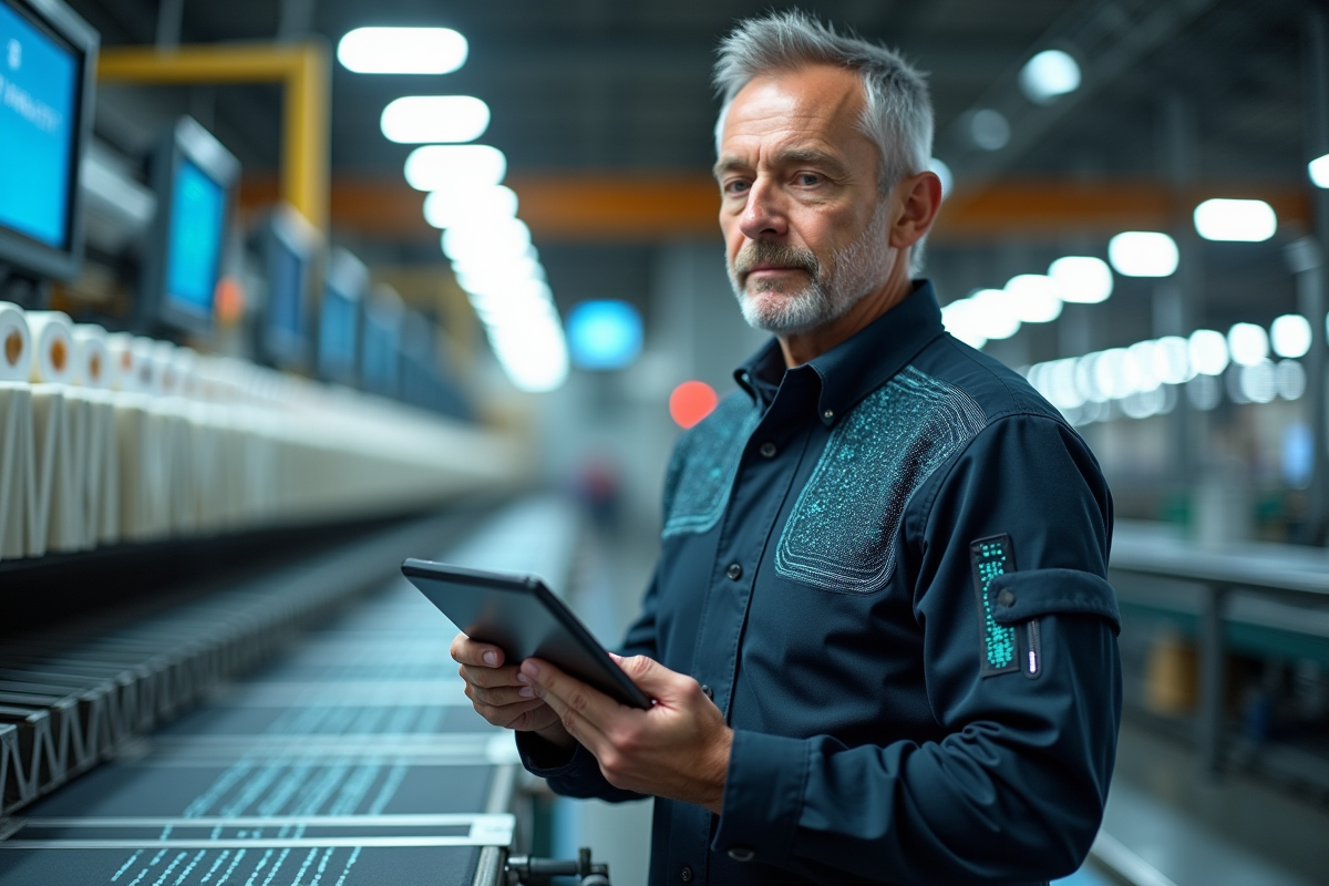 Technicien industriel contrôlant une ligne de production textile