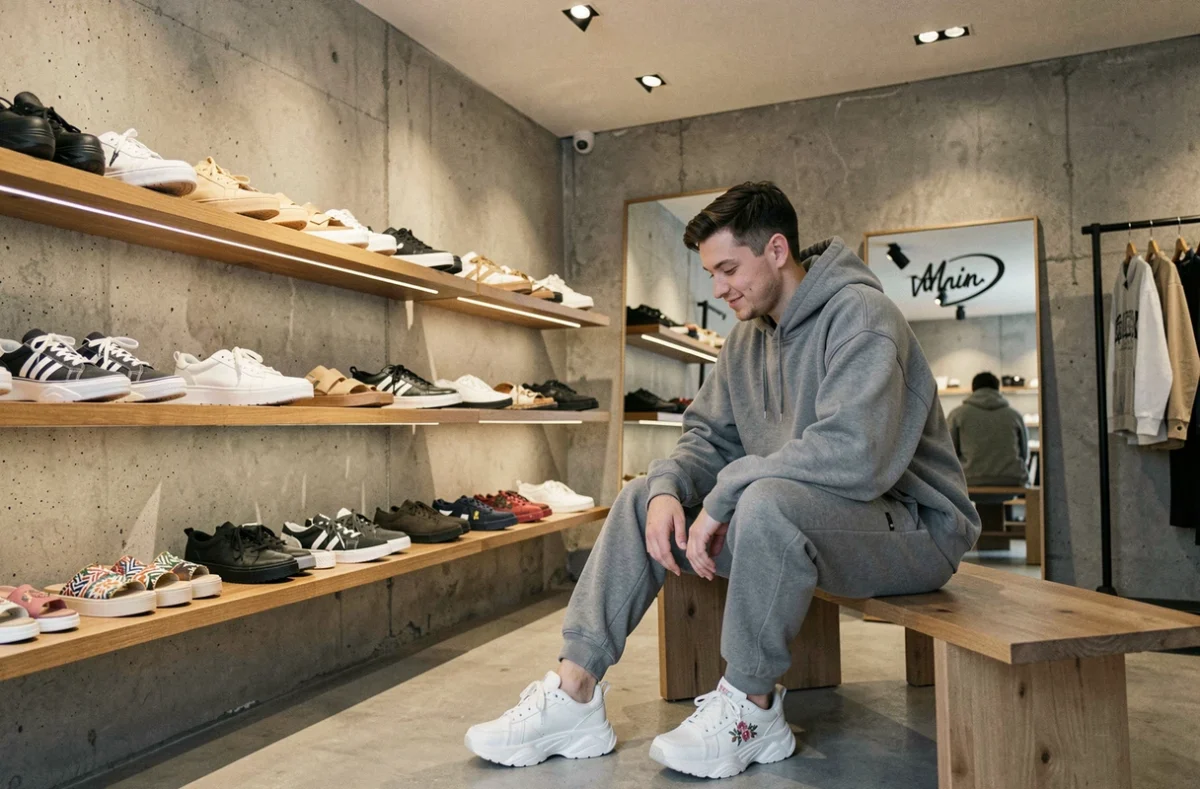 Jeune homme essayant des sneakers tendance dans la boutique Teddy à Amiens avec un intérieur design contemporain