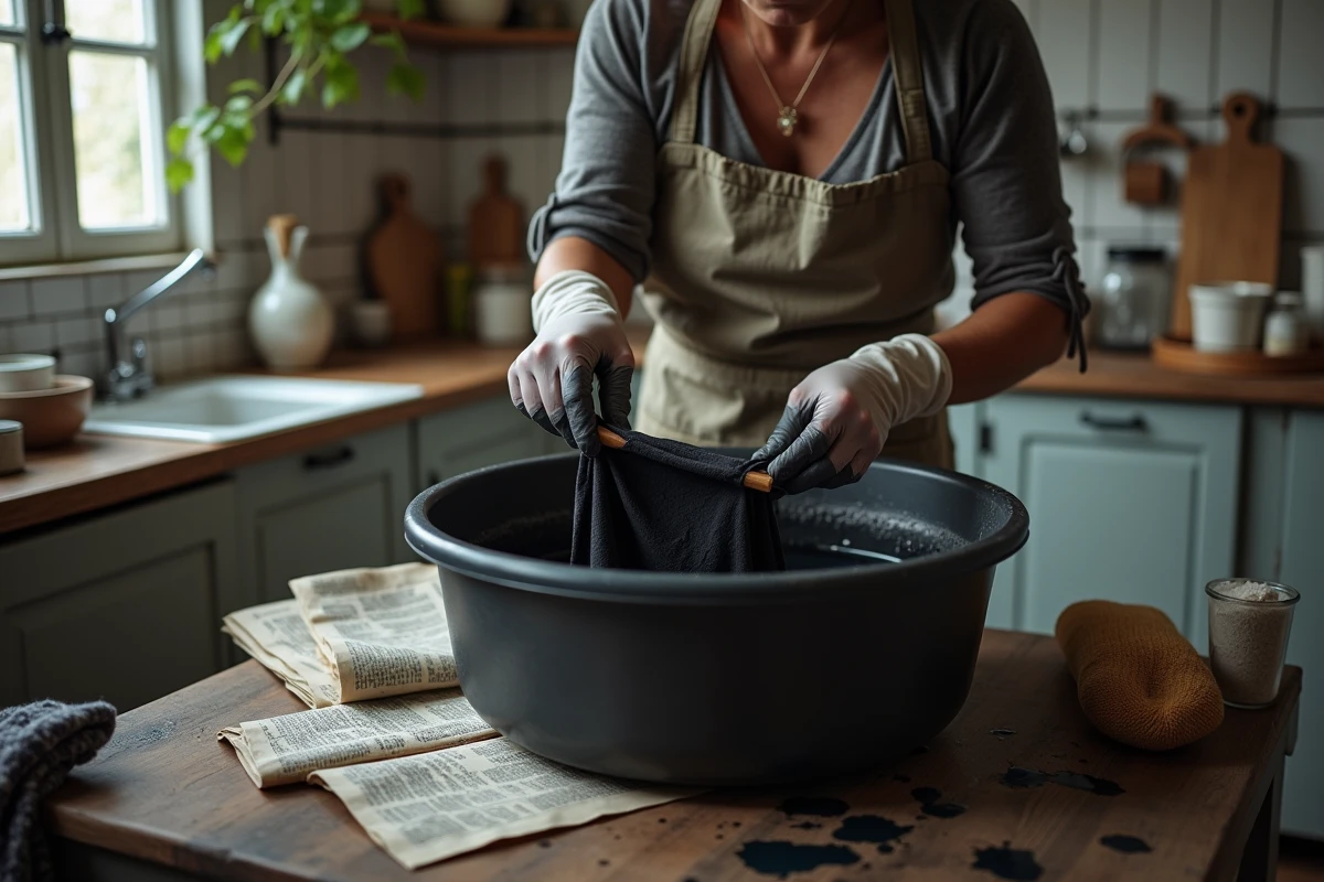 Femme teignant un vêtement noir à la main dans un bac de teinture dans une cuisine, avec gants en caoutchouc et bâton en bois
