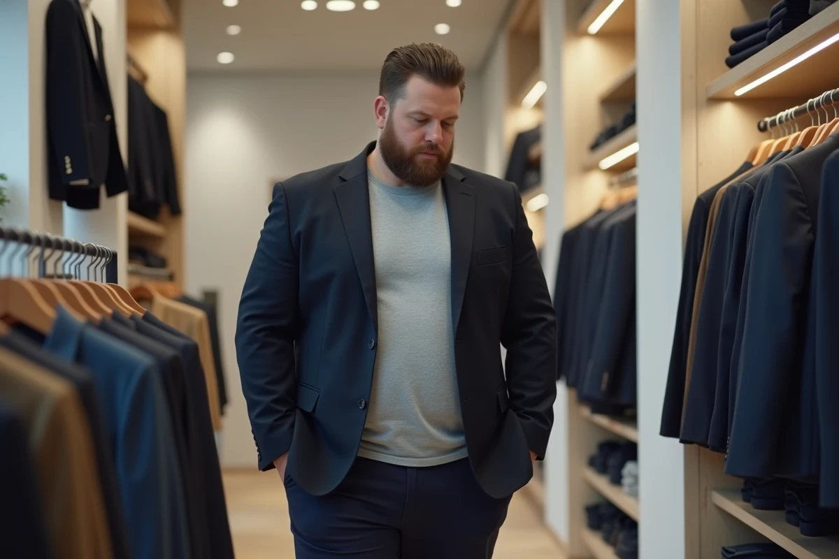 Homme grande taille en blazer marine et chino indigo dans une boutique de mode masculine minimaliste 2026