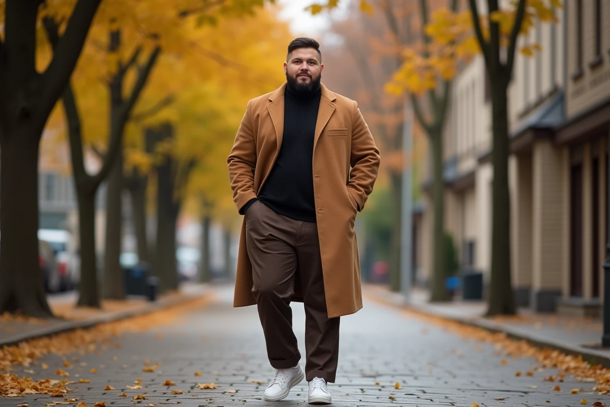 Homme grande taille en manteau camel oversize et col roulé noir sur une avenue pavée en automne 2026