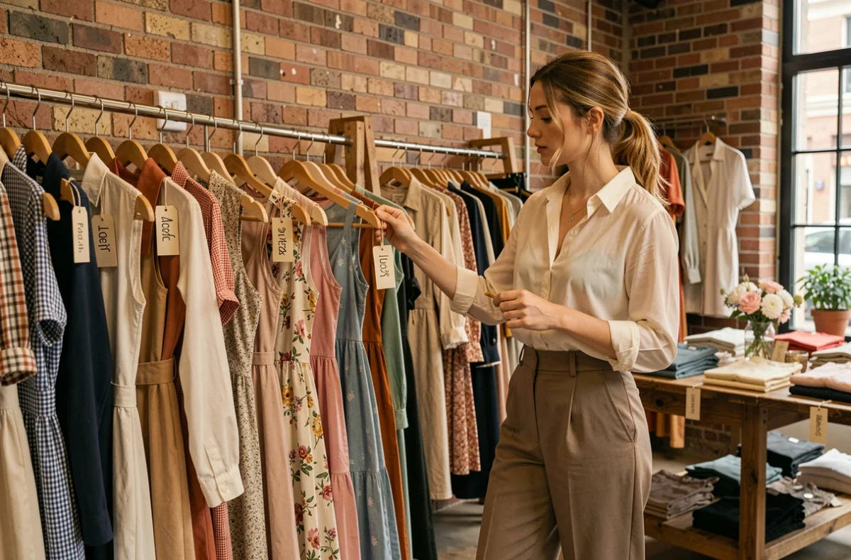 Jeune femme consultant des robes vintage dans la boutique Un R de Mode, friperie tendance du Pas-de-Calais