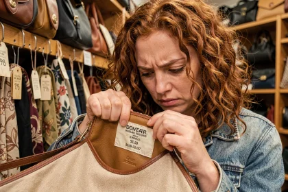 Femme examinant attentivement l'étiquette intérieure d'un sac de luxe dans une friperie pour détecter une contrefaçon